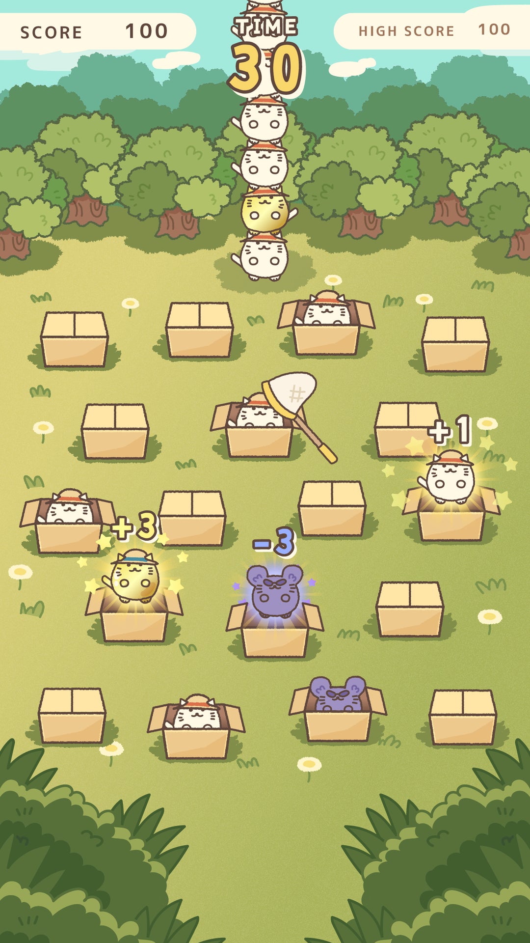 ねこマンションのフィーバータイムでダンボールに隠れた猫を捕まえるゲーム画面